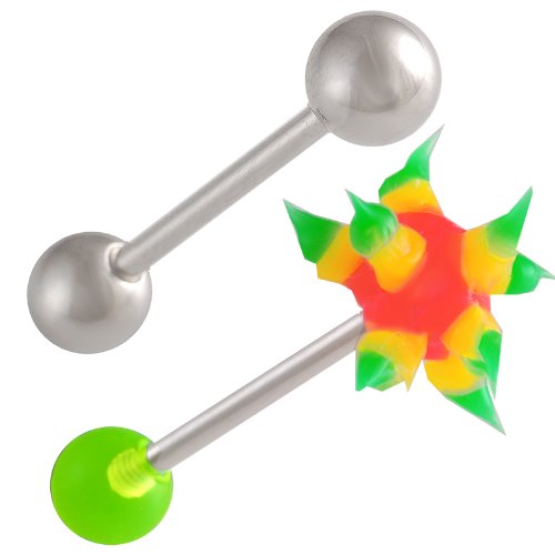 14g 14 gauge 1.6mm 5/8 16mm steel tongue bars nipple barbell ear rings 6mm steel Green Acrylic AMPR 2Pcs
