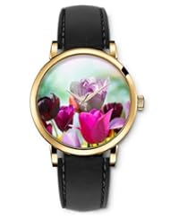 SPRAWL Aanalog Fashion Series Gold Ladies Watches of Genuine Black Leather Strap,Unique Wrist Watch for Women Girls Designed with Colorful tulips