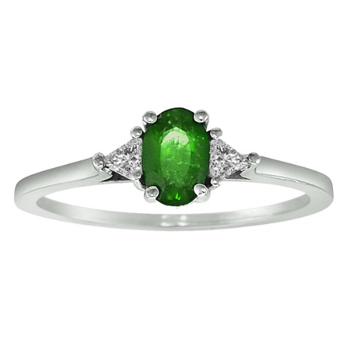 14K White Gold 3 Stone Triagle Trillion Diamond & Oval Emerald Ring (1 cttw, H-I, SI)