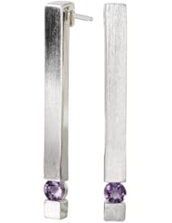 925 Sterling Silver Satin Finish Bar Earrings with Amethysts