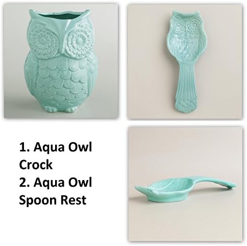 Aqua Owl Set: Utensil Crock and Spoon Rest