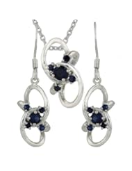 Sterling Silver Plain Links with Round Sapphire Glass Earring and Pendant Set 16 inches chain