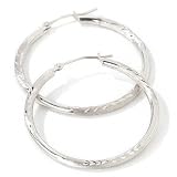 14K White Gold Satin & Diamond Cut Hoop Earrings