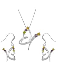 Sterling Silver Multi-gemstone Hugs and Hearts Earrings and Necklace Set