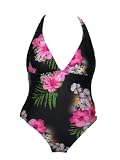 Athena Black with Colorful Floral Halter One Piece Swimsuit