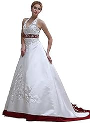 A-line Beaded Lace Backless Sequined Halter Satin Wedding Dress  with a Court Train 