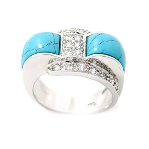 Natural Turquoise & Swarovski Crystal Designer Style Sterling Silver Ring with Rhodium Plated
