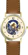 Mommy & Baby Bunny Rabbit Watching Moon from Bedroom Window - from Hush Little Baby by Artist: Sylvia Long - WATCHBUDDY&reg; DELUXE TWO-TONE THEME WATCH - Arabic Numbers - Brown Leather Strap-Size-Large ( Men's Size or Jumbo Women's Size )