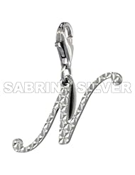 Sterling Silver Script Initial Letter N Alphabet Charm Diamond Cut Finish and Lobster Lock Clasp, 3/4 inch