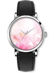 SPRAWL Aanalog Fashion Series Silver Ladies Watches of Genuine Black Leather Strap,Unique Wrist Watch for Women Girls Designed with Clouds and stars on pink background