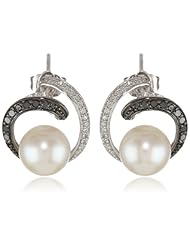 14k White Gold, Freshwater Cultured Pearl, and Black and White Diamond Earrings (0.25 cttw, G-H Color, I1-I2 Clarity)