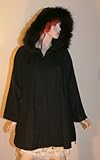 IMAGE OF Cashmere/alpaca Wool Poncho Cape Coat, Real Fox Fur Hood, Black, One Size Fits All