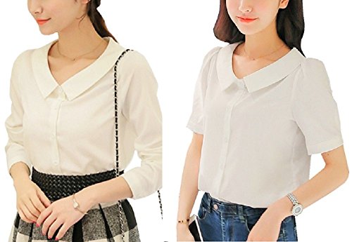Liliumoon 襟 つき 前開き 無地 白 シャツ ブラウス トップス / 長袖 半袖 2タイプ / シンプル ベーシック きれいめ レディース ファッション / S M L XL XXL サイズ