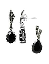 Sterling Silver Teardrop Black Onyx Stone Post Back Earrings and Pendant Jewelry Set