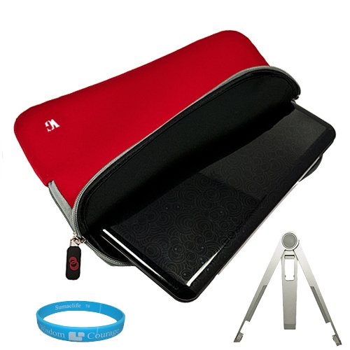 Red Neoprene Protective Sleeve Cover Carrying Case with Exterior Accessory Pocket for ASUS Eee Pad Transformer TF101-A1 10.1-Inch Tablet Computer 16GB and 32GB + Universal Silver Butterfly Tablet Stand + SumacLife TM Wisdom Courage Wristband