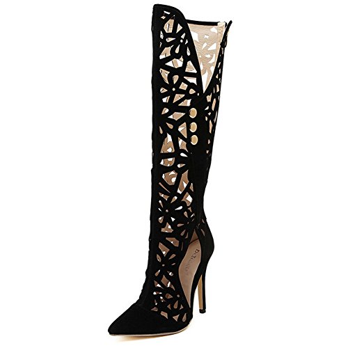 Bumud Womens Pointy Toe Back Zipper Knee High Gladiator Sandals