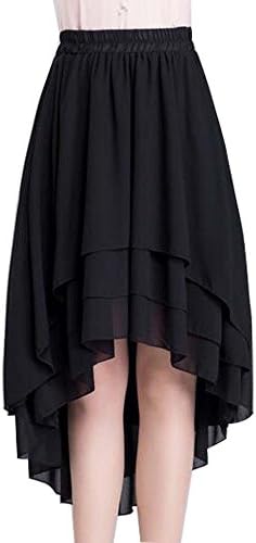 F2Y Womens Irregular High Low Skirt Elastic Waistband Chiffon Skirt (One Size, Black)