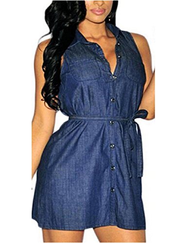 OVERMAL Womens Urban Sleeveless Denim Shirt Dress Shirt Dress for Girl ( XL)