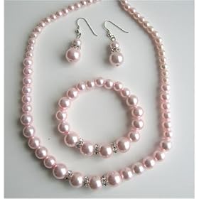 <b>Pink Pearls Jewelry Set Bridal Bridemaids Simulated Pink Pearls Necklace Sterling Silver Earring w/ Stretchable Bracelet (BRAND NEW)</b>