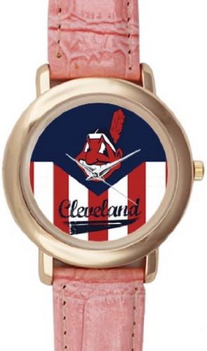 Pink Leather Wrist Lady's Watch with Cleveland Indians Logo for Fans