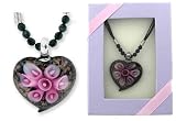 Black Heart w/ Flowers Art Glass Pendant Gift Boxed
