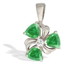 14K White Gold Genuine Trillion Emerald and Diamond Pendant