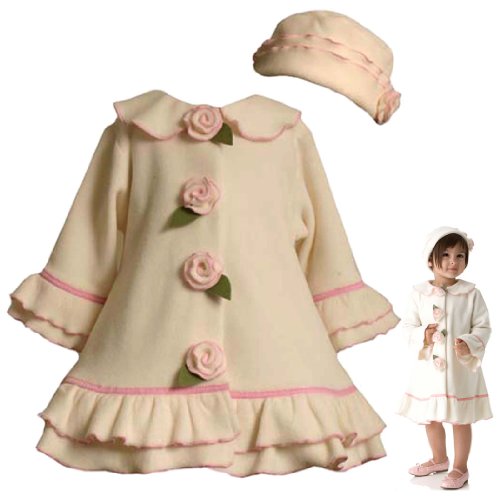Bonnie Jean Baby/Infant 12M-24M 2-Piece IVORY PINK ROSETTE RUFFLE Fleece Dress-Coat/Jacket and Hat Set