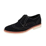 Natazzi Italian Napa Suede Calfskin Leather Shoes Hand Made Mens Players Lace-Up Wingtip Oxford Shoe Model Armani S-6010 Dark Navy