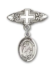 Sterling Silver Baby Badge with St. Isabella of Portugal Charm and Badge Pin with Cross