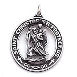 Jewelry : Saint Christopher - Sterling Silver St. Christopher Cut-out Medal Pendant, 29mm Diameter