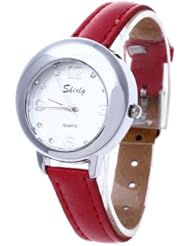 Womens Quartz Wristwatch Red Leather Band Rhinestone Dial Arabic Numeral Mark