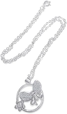 Firefly with Flower Jewelry Pendant Necklace with Round Cz Crystal Elements