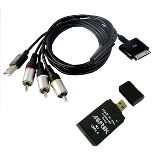 Black 6FT USB Composite AV Video Cable for Apple iPhone 3G 8G 16G,iphone 4/4G with USB charging connector w/ AGPtek USB All in one card reader
