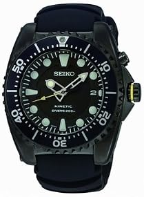 Seiko #SKA427P2 Men's Black IP Kinetic 200m Diver Watch with Rubber Strap (Black Face/Black Bezel)