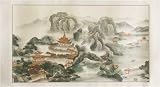 Chinese Sumi Art Brush Painting - Palace in Limestone Mountains - Watercolor Ink on Rice Paper