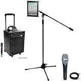 Pyle Speaker - Mic - Cable and Stand Package - PWMA930I 600 Watt VHF Wireless Portable PA Speaker System Echo W Ipod Dock - PDMIK5 Dynamic Cardioid Microphone - PMKSPAD1 Multimedia Microphone Stand With Adapter for iPad 2 Adjustable for Compatibility w iPad 1 - PPMCL30 30ft Symmetric Microphone Cable XLR Female to XLR Male