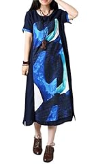 Slit Round Neck General Print Short Sleeves Cotton/Linen/Silk Maxi Dress 