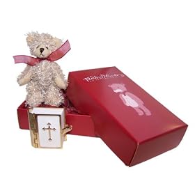 Very Special Christening Gift / Confirmation Gift - Beige Christening Teddy with Metal Covered Miniature Bible Containing the 4 Gospels. .
