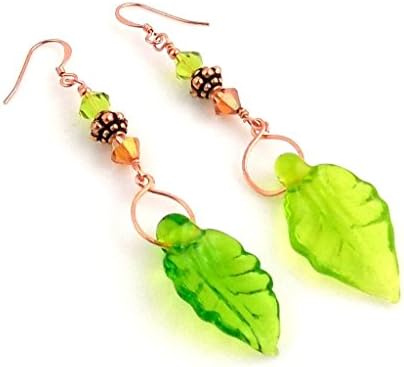 Copper and Green Handmade Copper and Lampwork Art Glass Leaves Dangle Earrings With Copper Pierced Earring Wires
