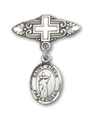 Sterling Silver Baby Badge with St. Aidan of Lindesfarne Charm and Badge Pin with Cross