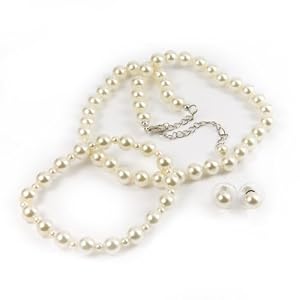 White 8mm Glass Pearl Necklace, Bracelet and Earring Set