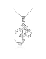 14k White Gold Hindu Meditation Charm Yoga "Om" (Ohm) Diamond Pendant Necklace