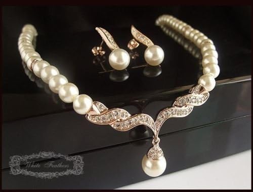 Tqmarket Drop Cream Bead &Artificial Zircon Bridal Necklace & Earrings Jewellery Set
