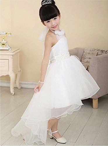 Ameny Cute Asymmetric Halterneck Solid Mesh Long Tail Flower Girl Dress White 120cm