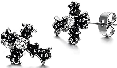 Vwhite Womens Girls Tiny Stainless Steel Cross CZ Patterns Ear Stud Earrings
