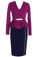 V-neck Cotton Peplum Belted Knee Length  Dress