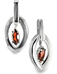 Long Drop Bail Marquise Shaped Earrings With Genuine 9 MM Garnet Center Stones In Silver.