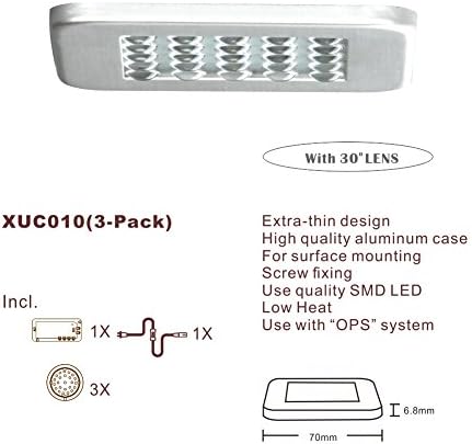 XYZER 3-Pack Ultra-Thin LED Under Cabinet Light Kit for Confined Spaces, such as Cabinets, Bookshelves and Closets, Warm White, 30 Degree LENS spot light, 8.2ft Power Cord, Silver Color, with UL-listed Power Adapter, Surface Mounting and Easy to Install