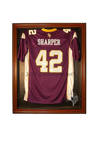 Minnesota Vikings Football Jersey Display Case Cabinet Style with Classic Wood Finish Frame
