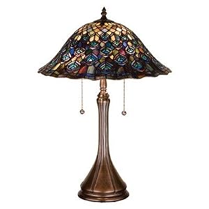 Tiffany Peacock Feather Design Mahogany Bronze Base Lamp by Meyda